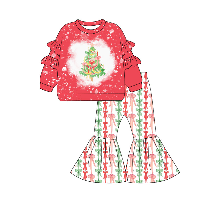 preorder GLP2652 Christmas tree bows red long sleeve pants girls set