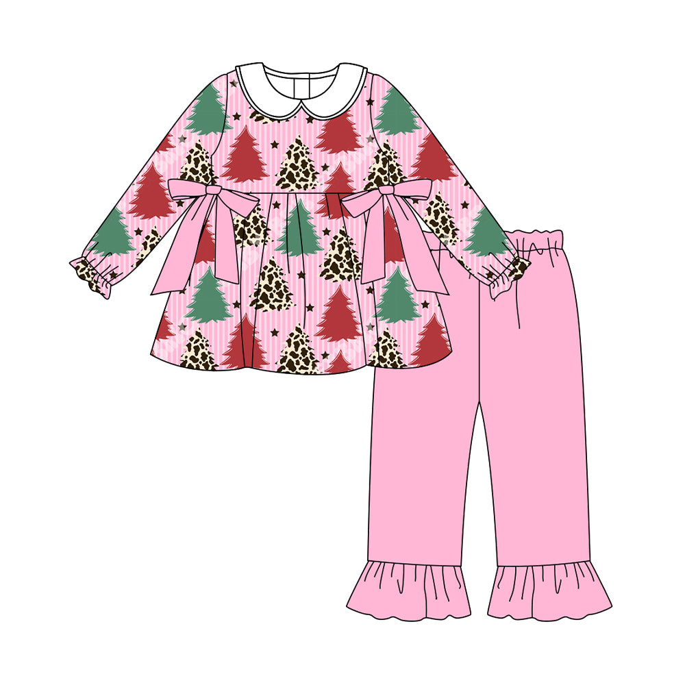 preorder GLP2653 Christmas green red tree pink long sleeve pants girls set