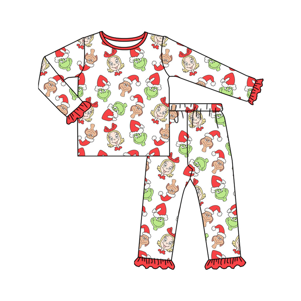 preorder GLP2654 Christmas green face red long sleeve pants girls pajamas