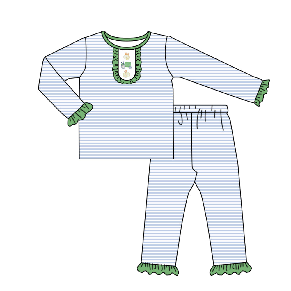 preorder GLP2656 Farm blue striped long sleeve pants girls pajamas