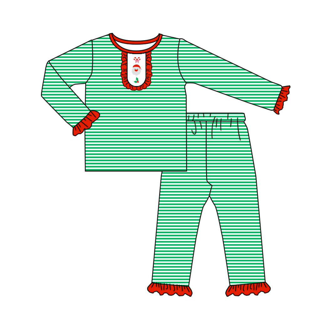 preorder GLP2660 Christmas green striped Santa long sleeve pants girls pajamas
