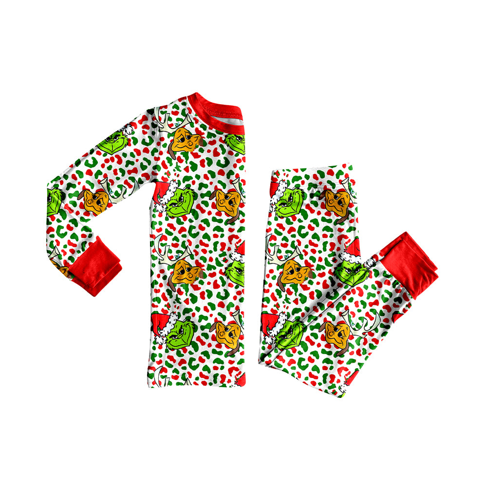 preorder GLP2661 Christmas green face green red leopard long sleeve pants girls pajamas