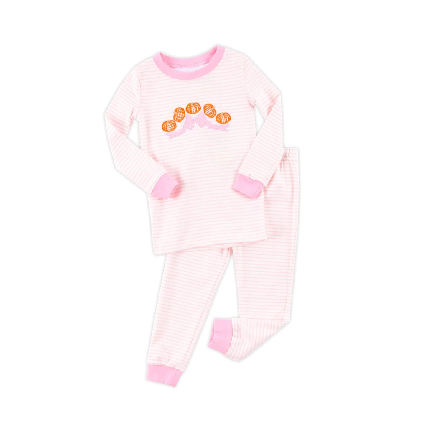 preorder GLP2674 Autumn pumpkin bows pink striped long sleeve pants girls pajamas