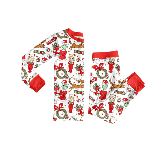 preorder GLP2676 Christmas green face girl red long sleeve pants girls pajamas