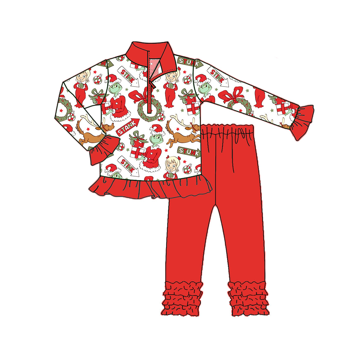 preorder GLP2677 Christmas green face girl zipper long sleeve red pants girls set