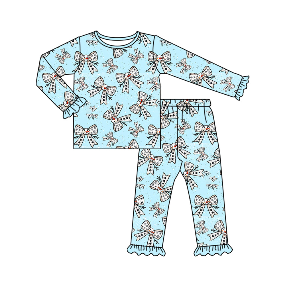 preorder GLP2679 Christmas snowman bows blue long sleeve pants girls pajamas