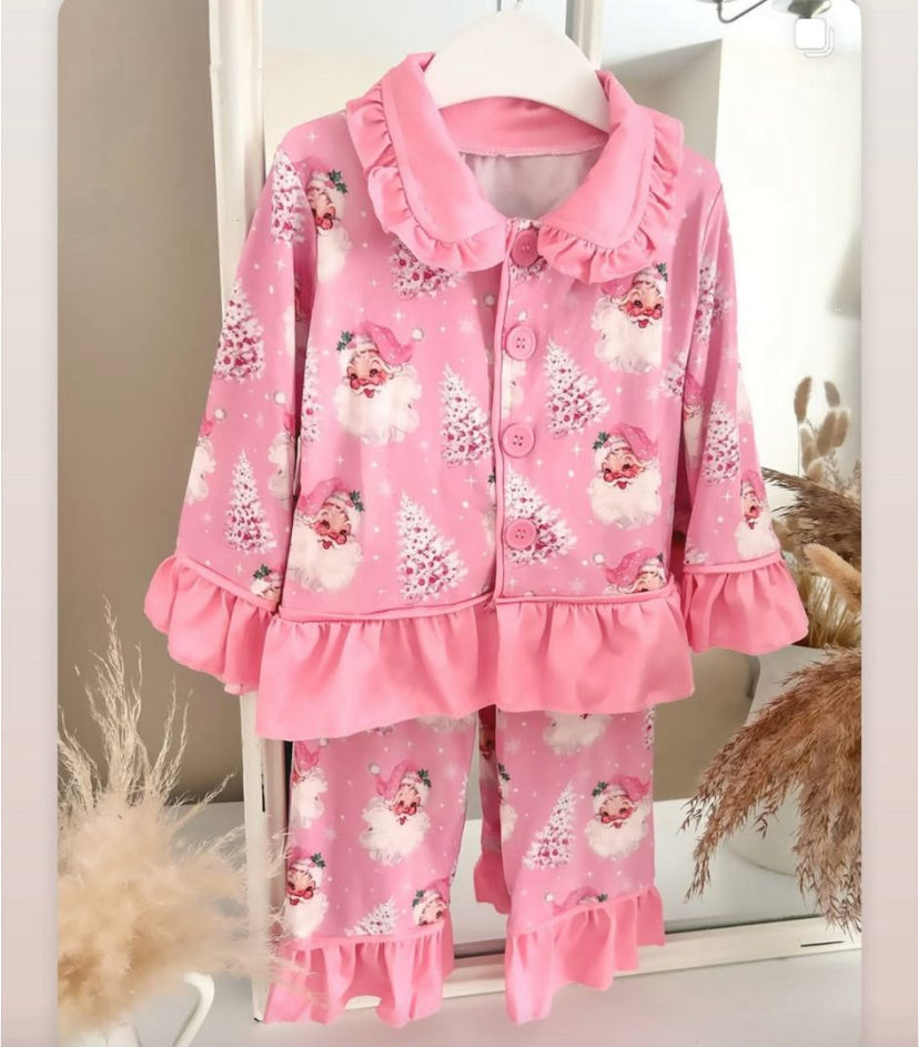 preorder GLP2685 Christmas Santa tree pink long sleeve pants girls pajamas