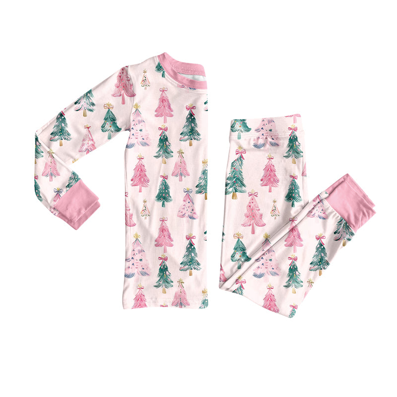 preorder GLP2686 Christmas pink/green tree pink long sleeve pants girls pajamas