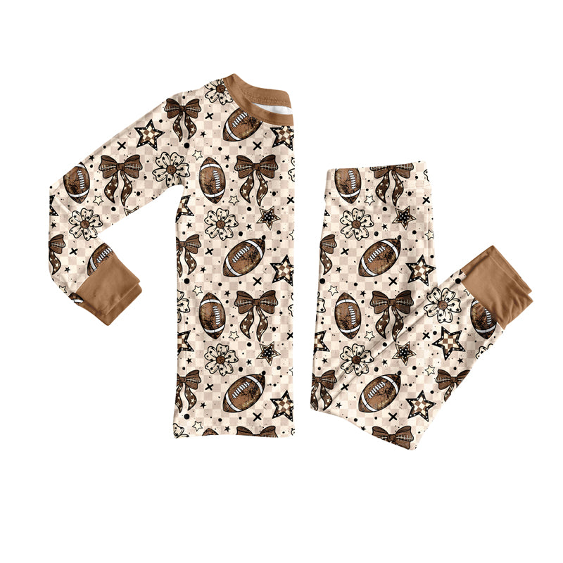 preorder GLP2689 football star bows flowers khaki checkered long sleeve pants girls pajamas