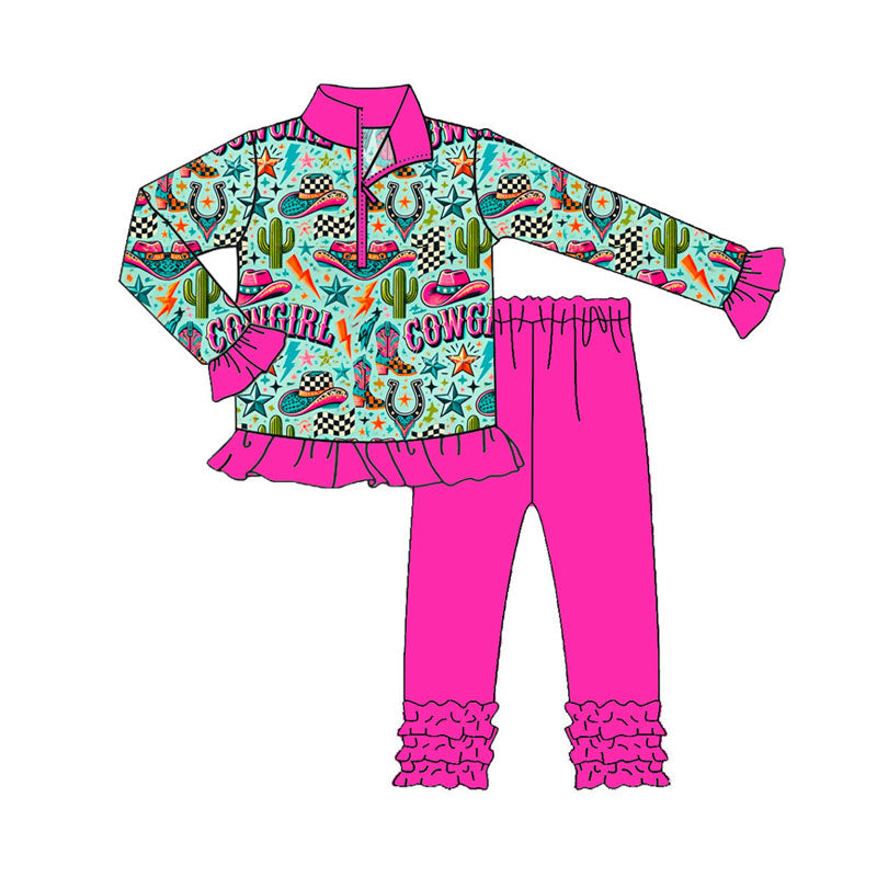 preorder GLP2744 Western cowboy cactus zipper long sleeve hot pink pants girls set