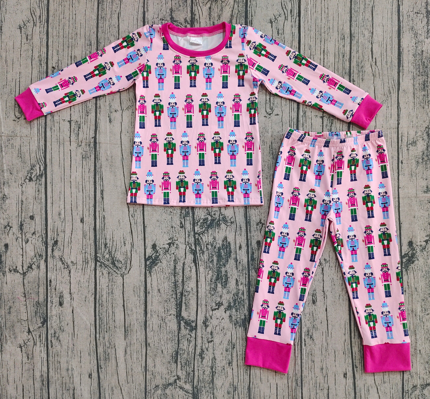 Custom moq 20 bamboo Christmas Soldier pink long sleeve pants girls pajamas