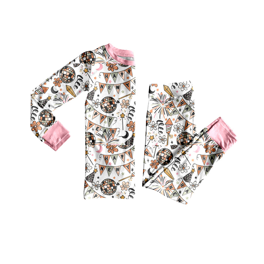 preorder GLP2759 happy new year light flowers pink long sleeve pants girls pajamas