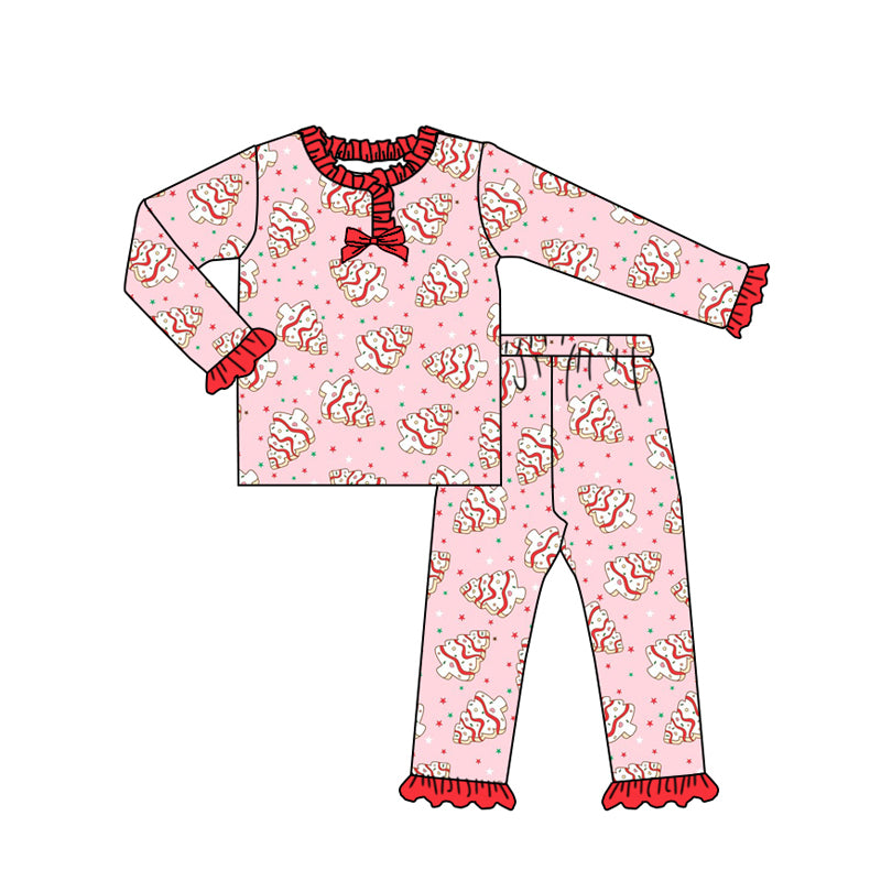 Custom moq 20 bamboo Christmas tis the season tree cake pink long sleeve pants girls pajamas