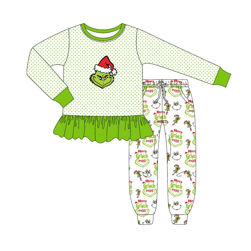 preorder GLP2779 Christmas green face striped long sleeve pants girls set