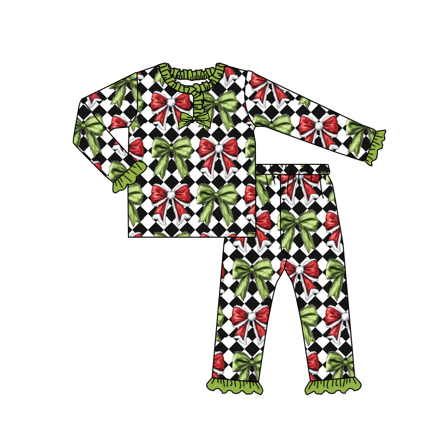 Custom moq 20 bamboo Christmas red green bows checkered long sleeve pants girls pajamas