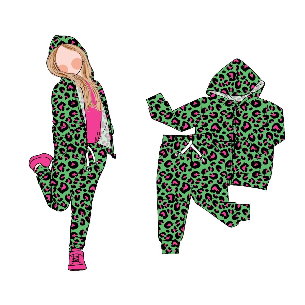 preorder GLP2792 green leopard zipper hoodie long sleece coat pants girls set