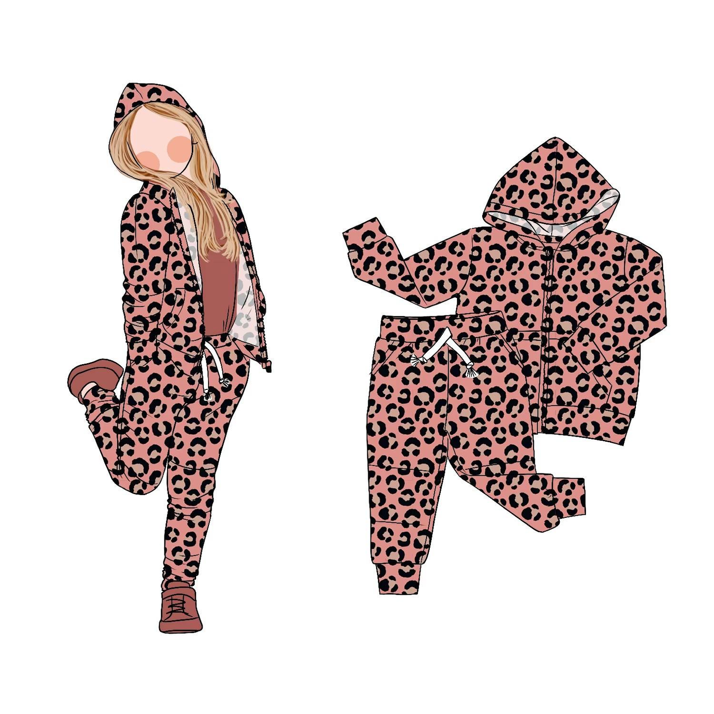 preorder GLP2794 pink leopard zipper hoodie long sleece coat pants girls set