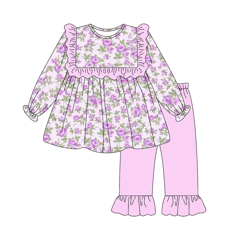 preorder GLP2795 purple flowers floral long sleeve pants girls set