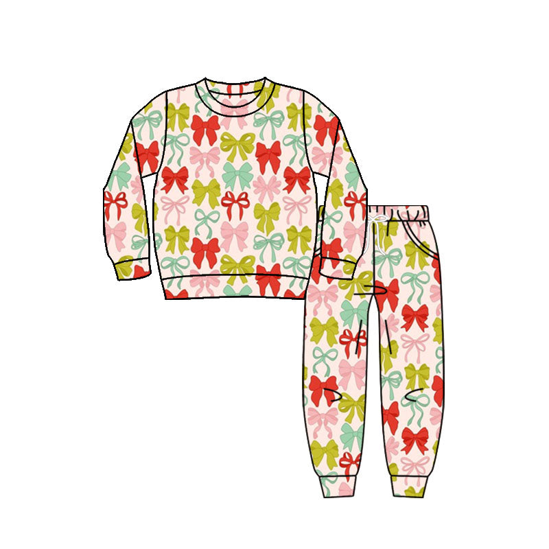 preorder GLP2804 colorful bows green pink red bows long sleeve pants girls set