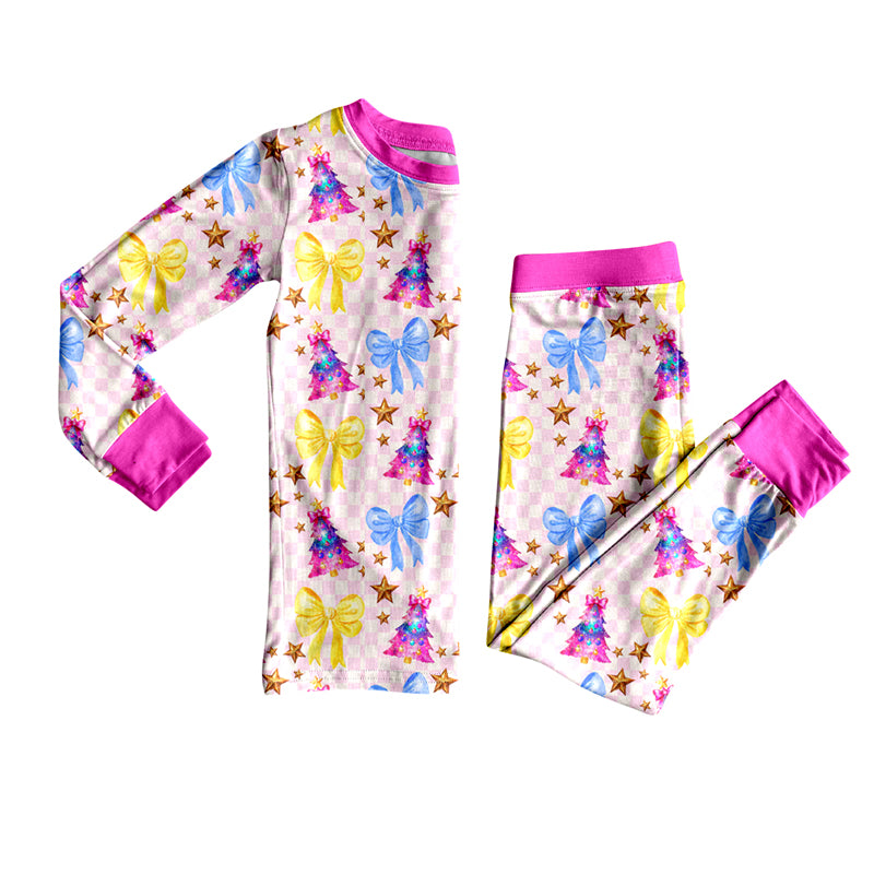 preorder GLP2806 Christmas tree blue/blue bows hot pink checkered long sleeve pants girls pajamas