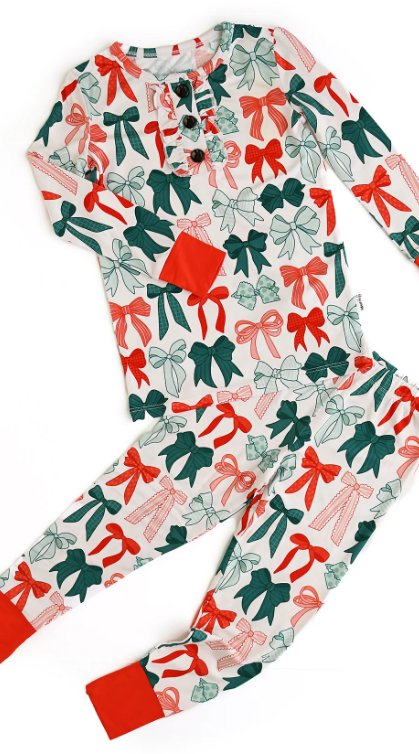 preorder GLP2809 Christmas green red bows long sleeve pants girls pajamas