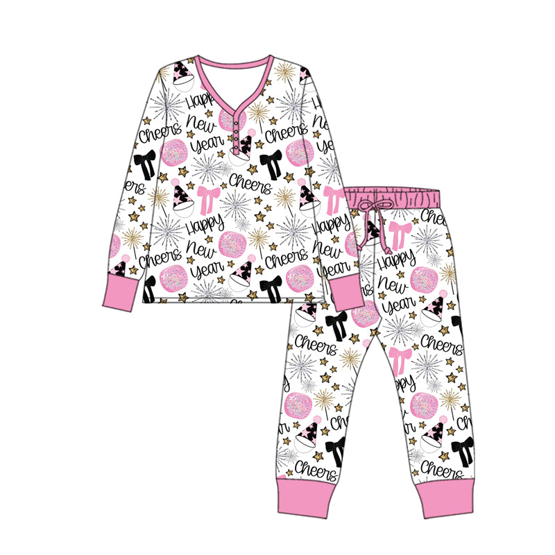 preorder GLP2817 happy new year bows cheers pink long sleeve pants adult women pajamas
