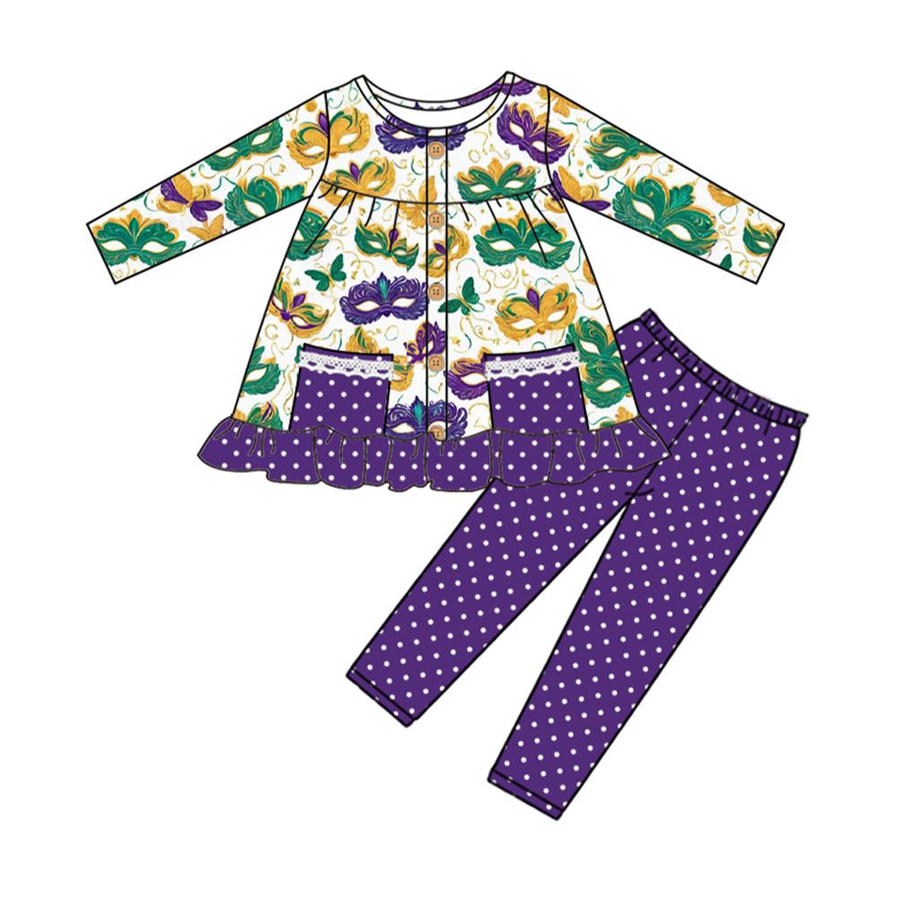 preorder GLP2821 Mardi Gras mask pockets long sleeve purple dot pants girls set