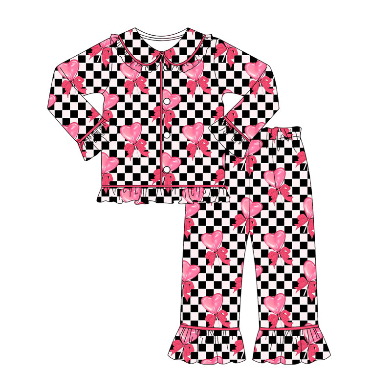 preorder GLP2836 Valentine's Day heart bows black checkered long sleeve pants girls pajamas