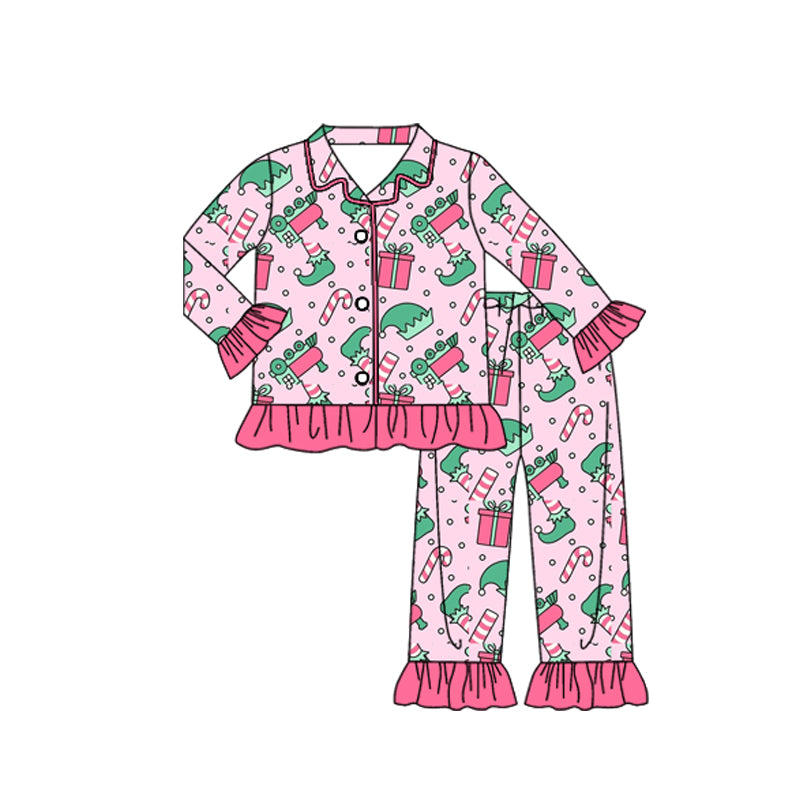 preorder GLP2844 Christmas elf gilf cane candy pink long sleeve pants girls pajamas