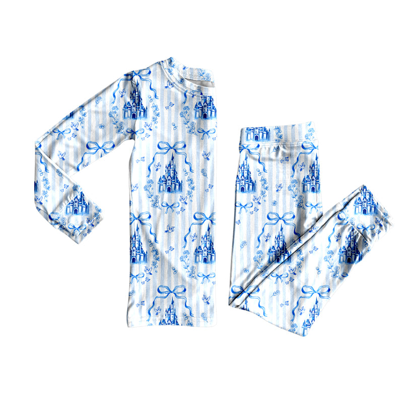 preorder GLP2852 cartoon castle bows blue long sleeve pants girls pajamas