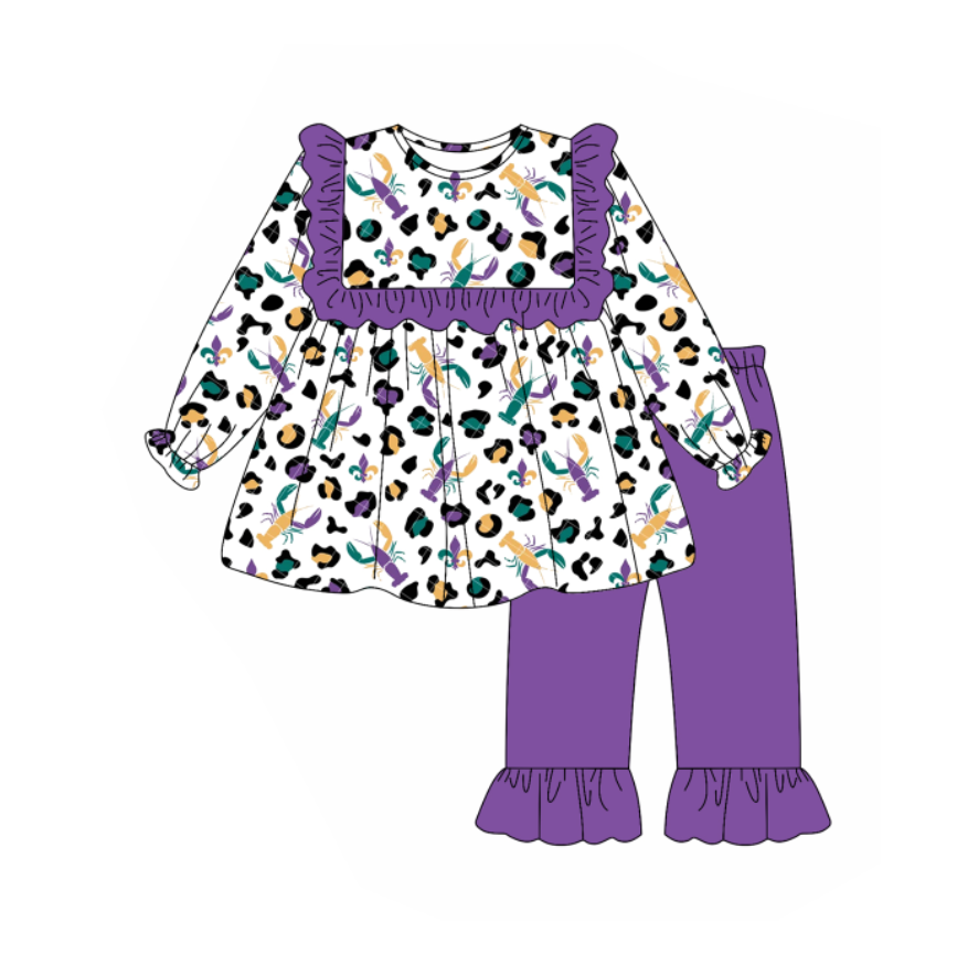 preorder GLP2855 Mardi Gras leopard crayfish long sleeve purple pants girls set