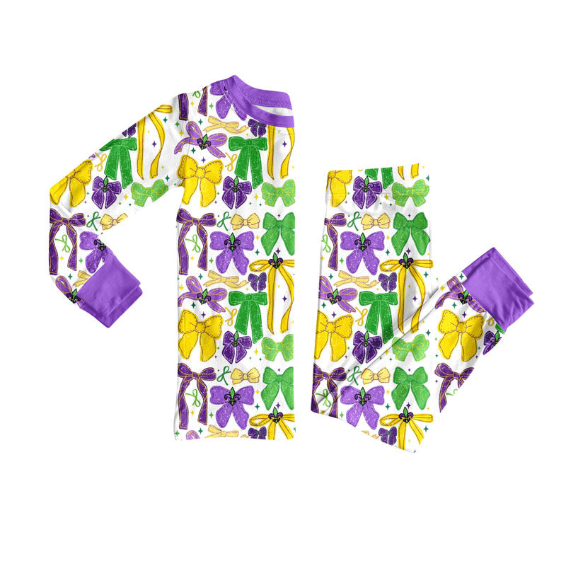 preorder GLP2857 Mardi Gras yellow purple green bows long sleeve pants girls pajamas