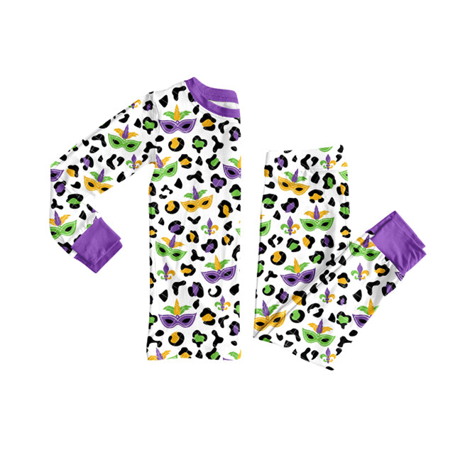 preorder GLP2870 Mardi Gras leopard yellow purple green long sleeve pants girls pajamas