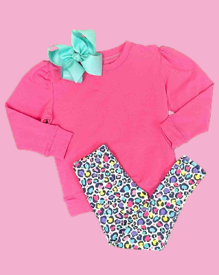 preorder GLP2875 hot pink long sleeve colorful leopard pants girls set