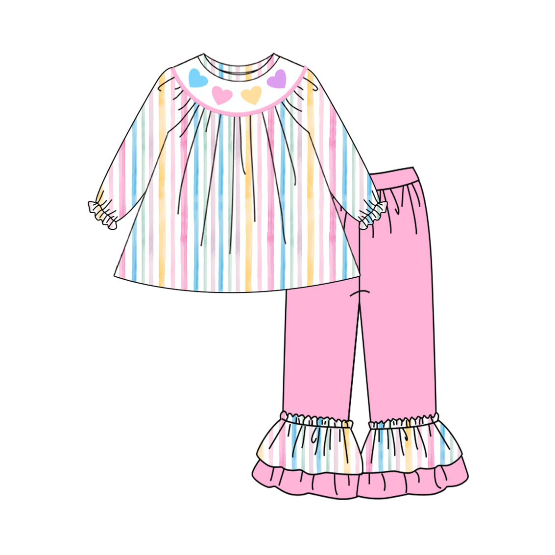 preorder GLP2887 Valentine's Day colorful heart striped long sleeve pink ruffles pants girls set