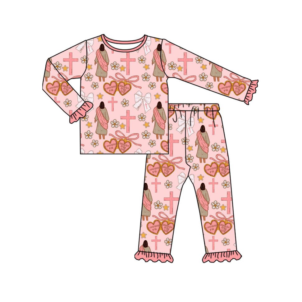 preorder GLP2889 Easter cross heart bows pink long sleeve pants girls pajamas