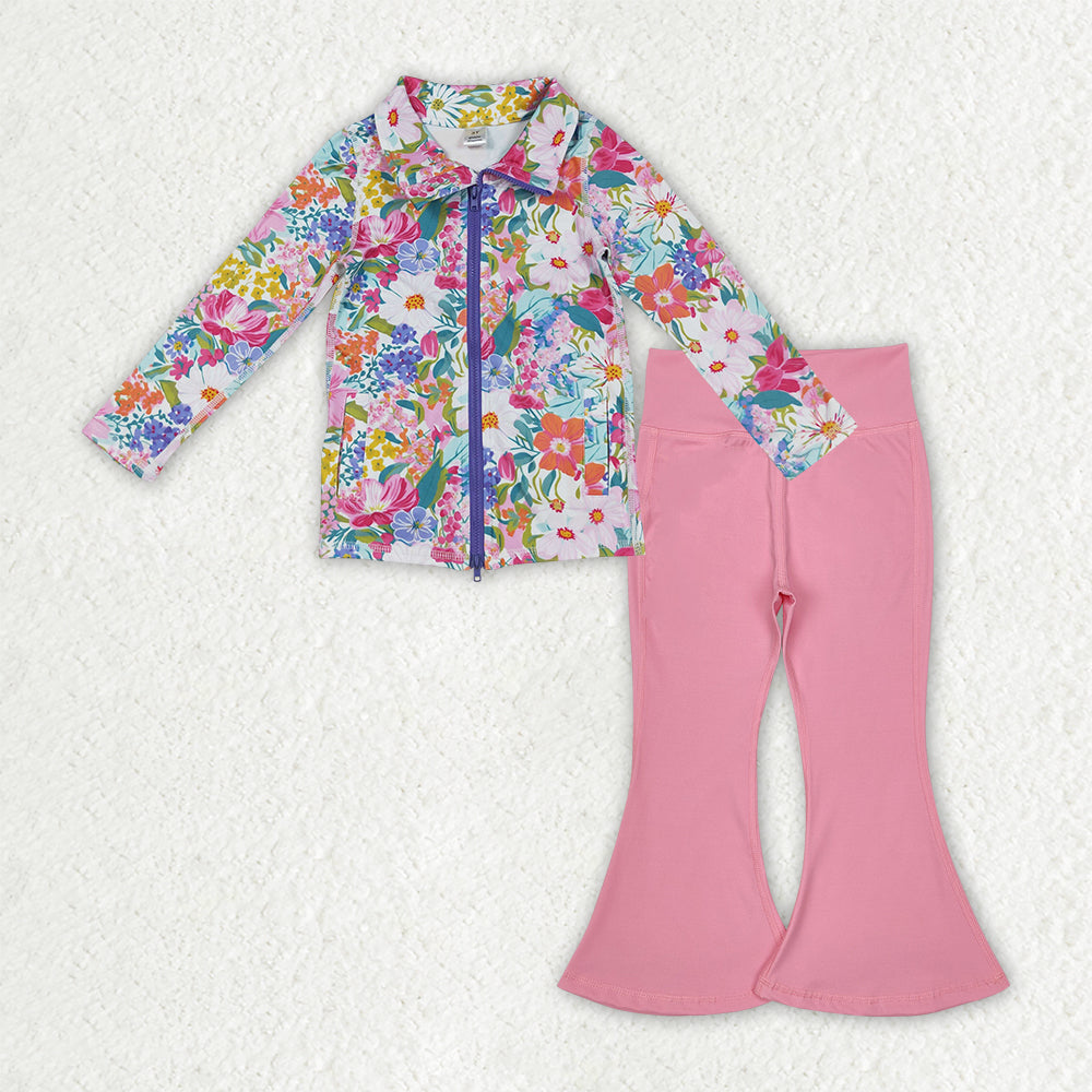 GLP2893 yoga colorful flowers purple zipper long sleeve pink pants girls set