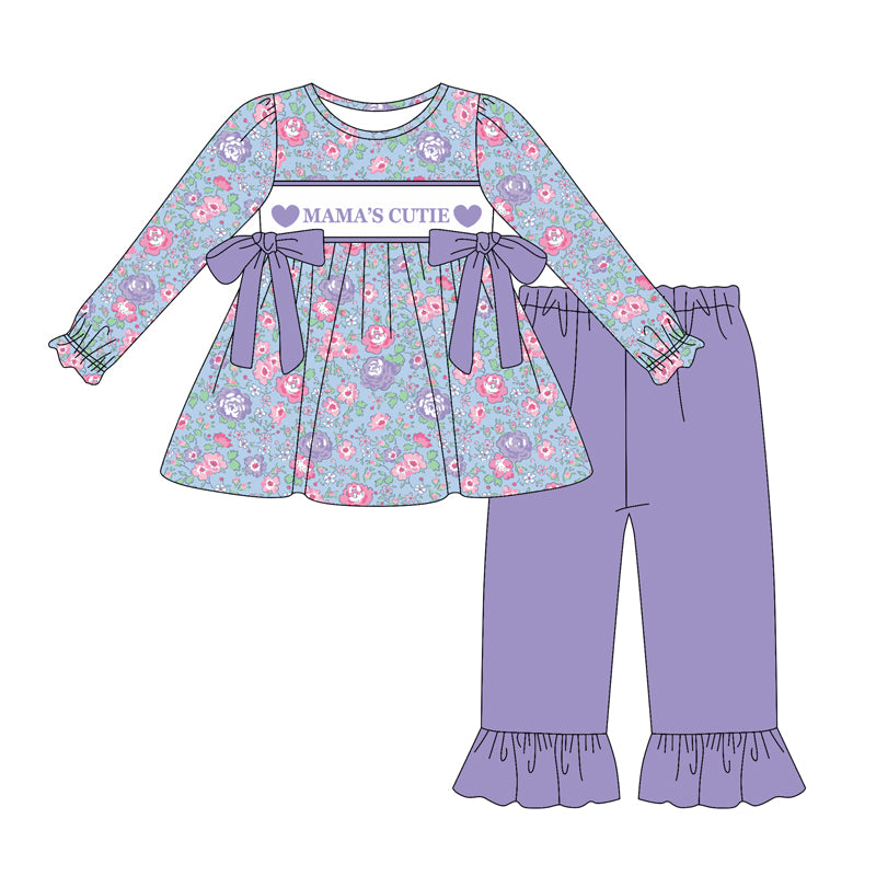 preorder GLP2902 mama's cutie purple heart flowers floral bows long sleeve pants girls set