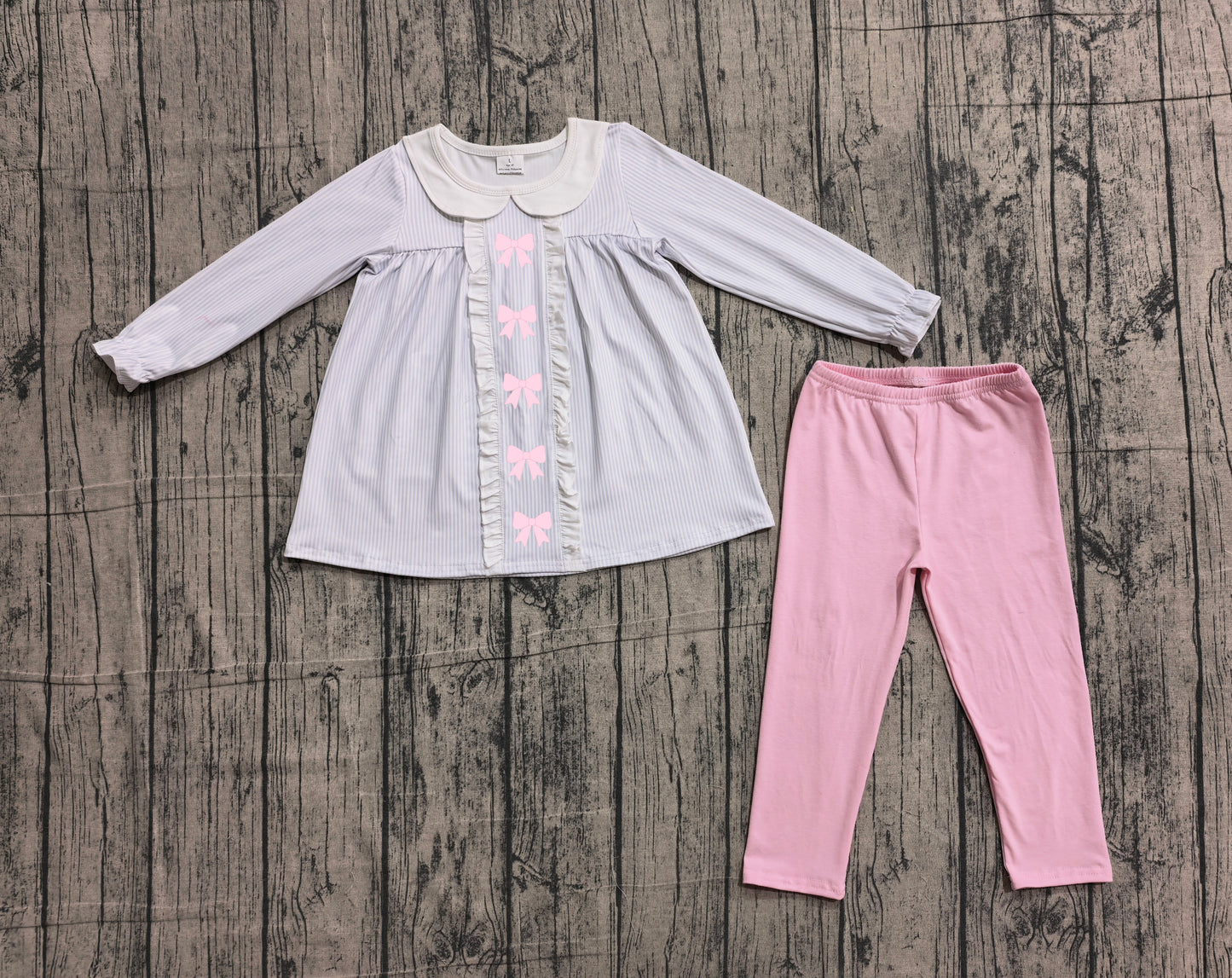 preorder Samples GLP2909 pink bows blue striped long sleeve pink pants girls set