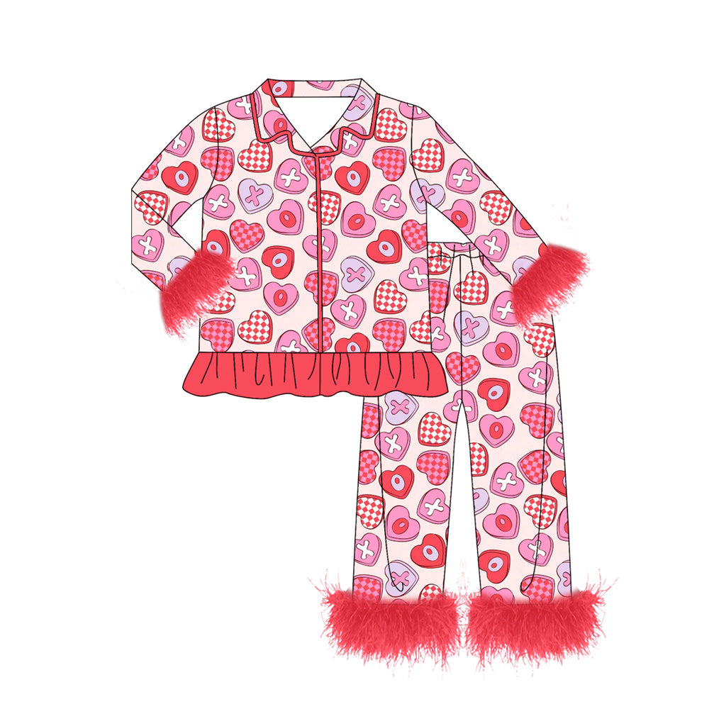 preorder GLP2915 Valentine's Day heart red fur long sleeve pants girls pajamas