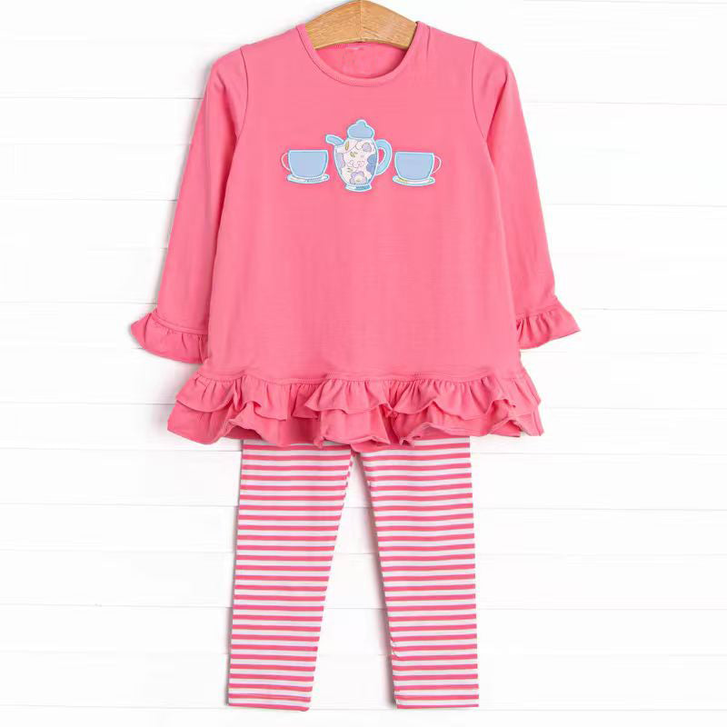 preorder GLP2927 coffee tea hot pink long sleeve striped pants girls set