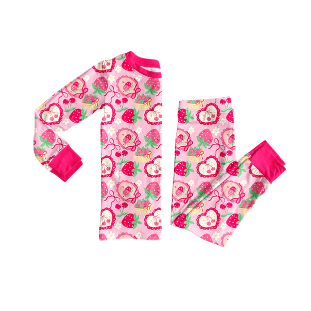 preorder GLP2933 cute berry strawberry bows flowers pink long sleeev pants girls pajamas
