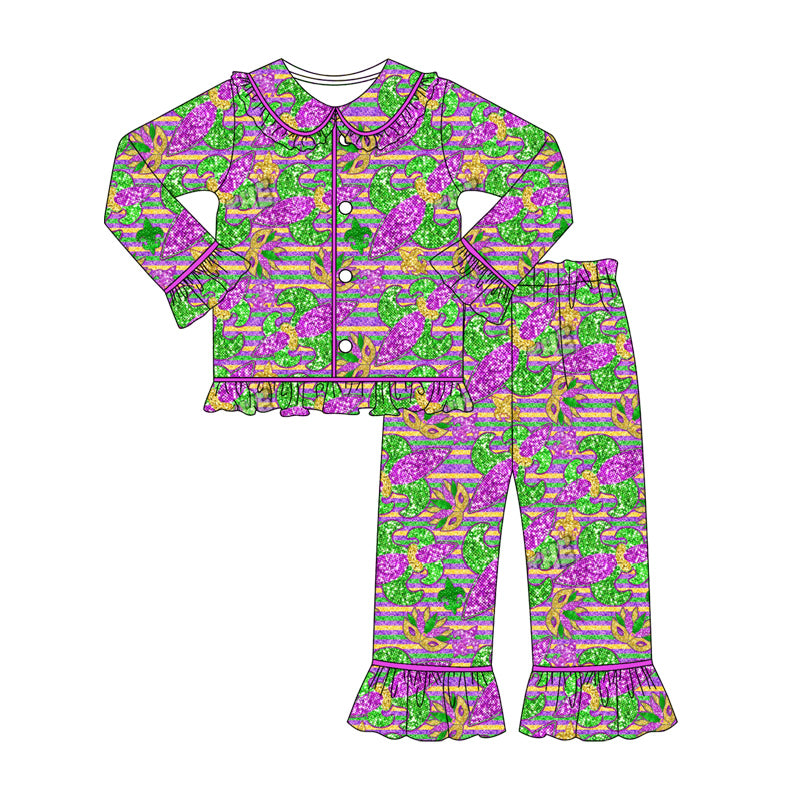preorder GLP2949 Mardi Gras yellow green purple long sleeve pants girls pajamas