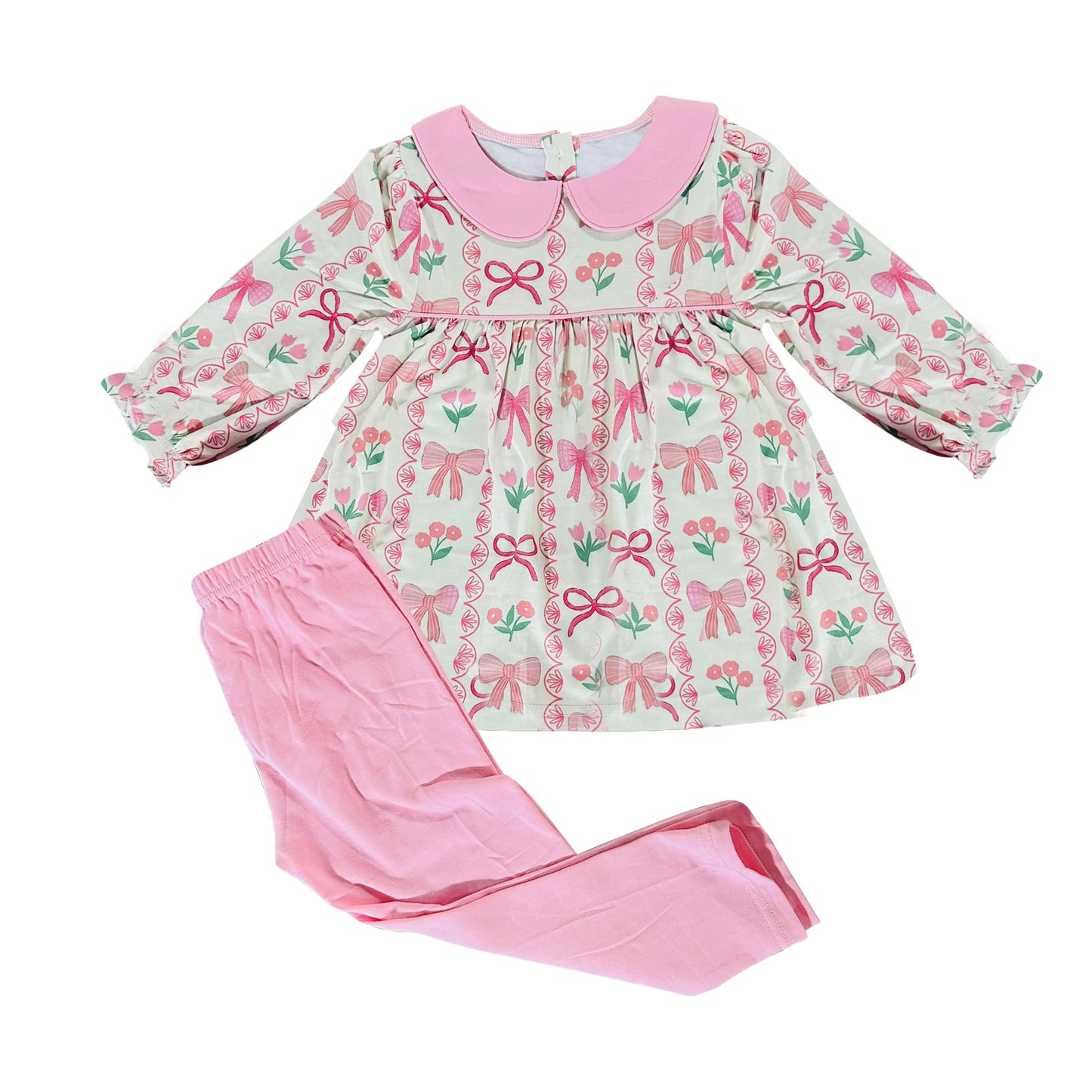 preorder GLP2957 pink bows flowers floral long sleeve pink pants girls set
