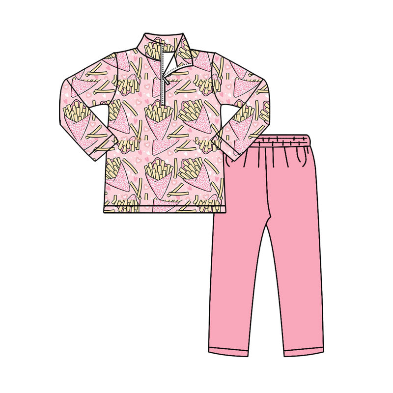 preorder GLP2959 Valentine's Day heart leopard chips zipper long sleeve pink pants girls set