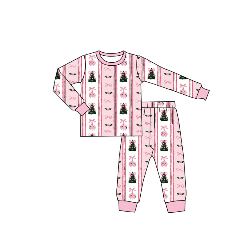preorder GLP2961 Christmas tree holly berry pink bows long sleeve pants girls pajamas
