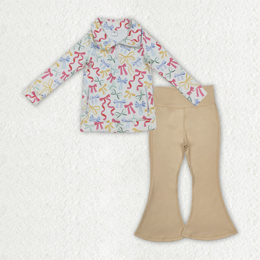 GLP2966 yoga colorful bows zipper long sleeve khaki pants girls set