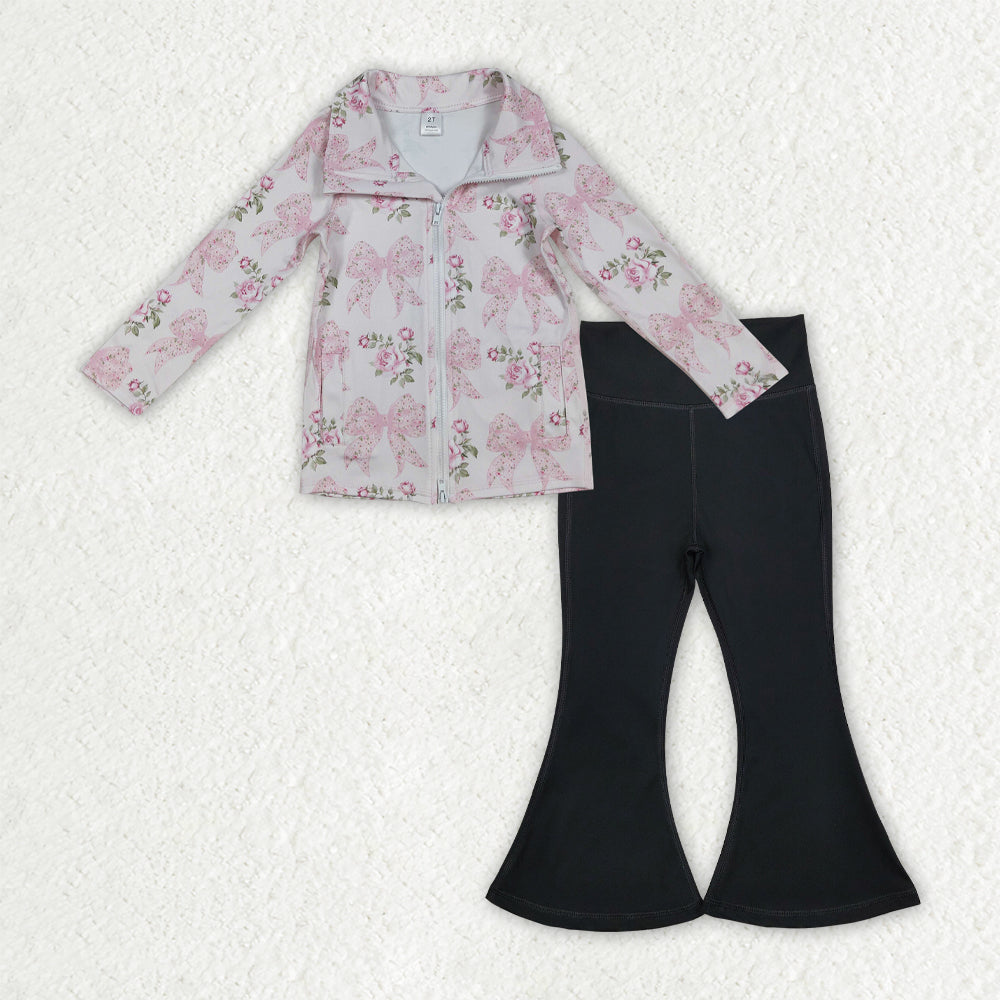 GLP2968 yoga pink flowers bows zipper long sleeve black pants girls set