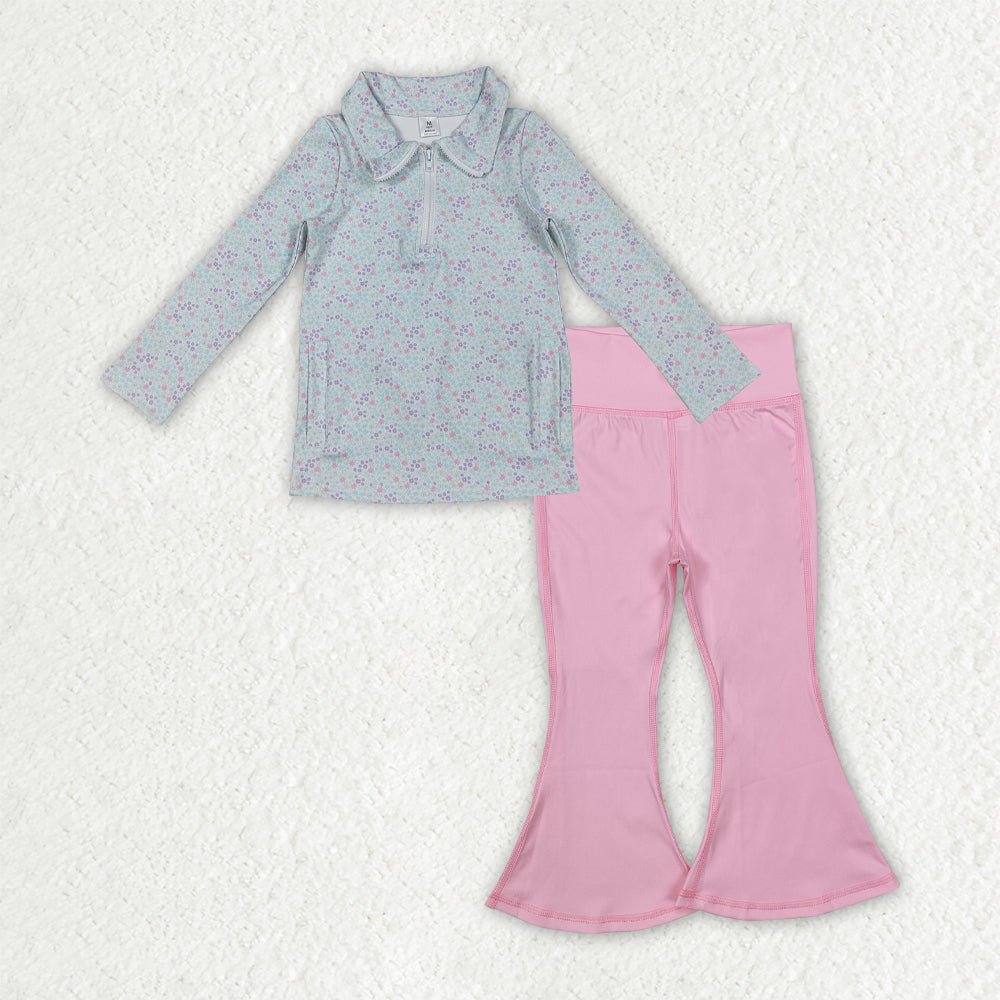 GLP2971 yoga blue flowers floral zipper long sleeve pink pants girls set