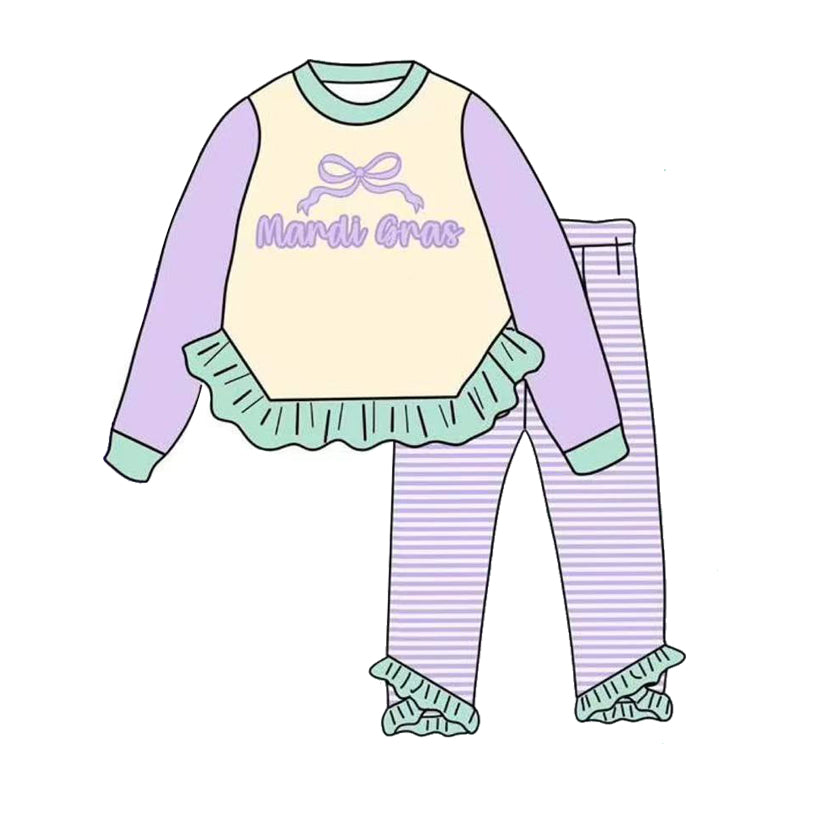 preorder GLP2978 Mardi Gras bows long sleeve purpel striped pants girls set